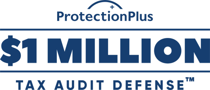 Protection Plus logo with $1 Million Tax Audit Defense for financial security and tax support.
